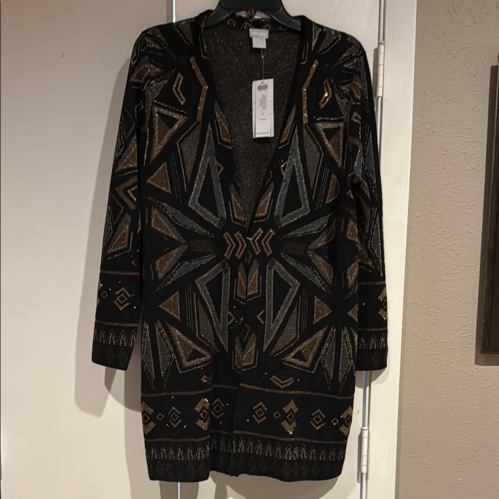 Chico's Black and Gold Geometric Cardigan